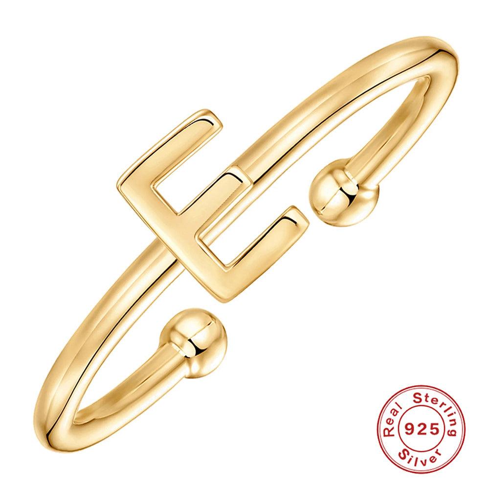 خاتم الحروف 26 حرفًا  لامعة من فضة الإسترليني مطلي ذهبRingsمجوهرات ميون