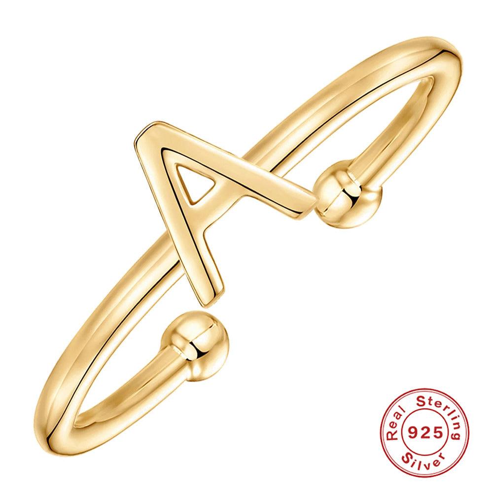 خاتم الحروف 26 حرفًا  لامعة من فضة الإسترليني مطلي ذهبRingsمجوهرات ميون