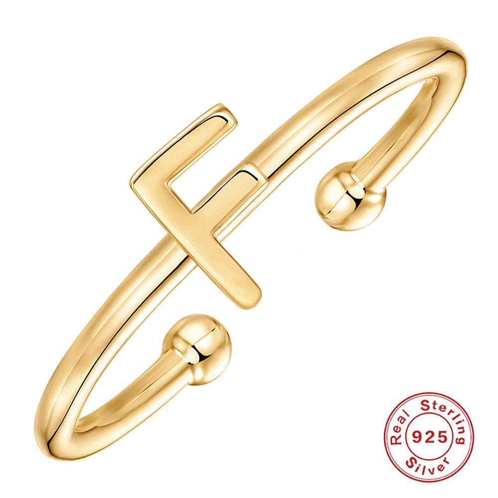 خاتم الحروف 26 حرفًا  لامعة من فضة الإسترليني مطلي ذهبRingsمجوهرات ميون