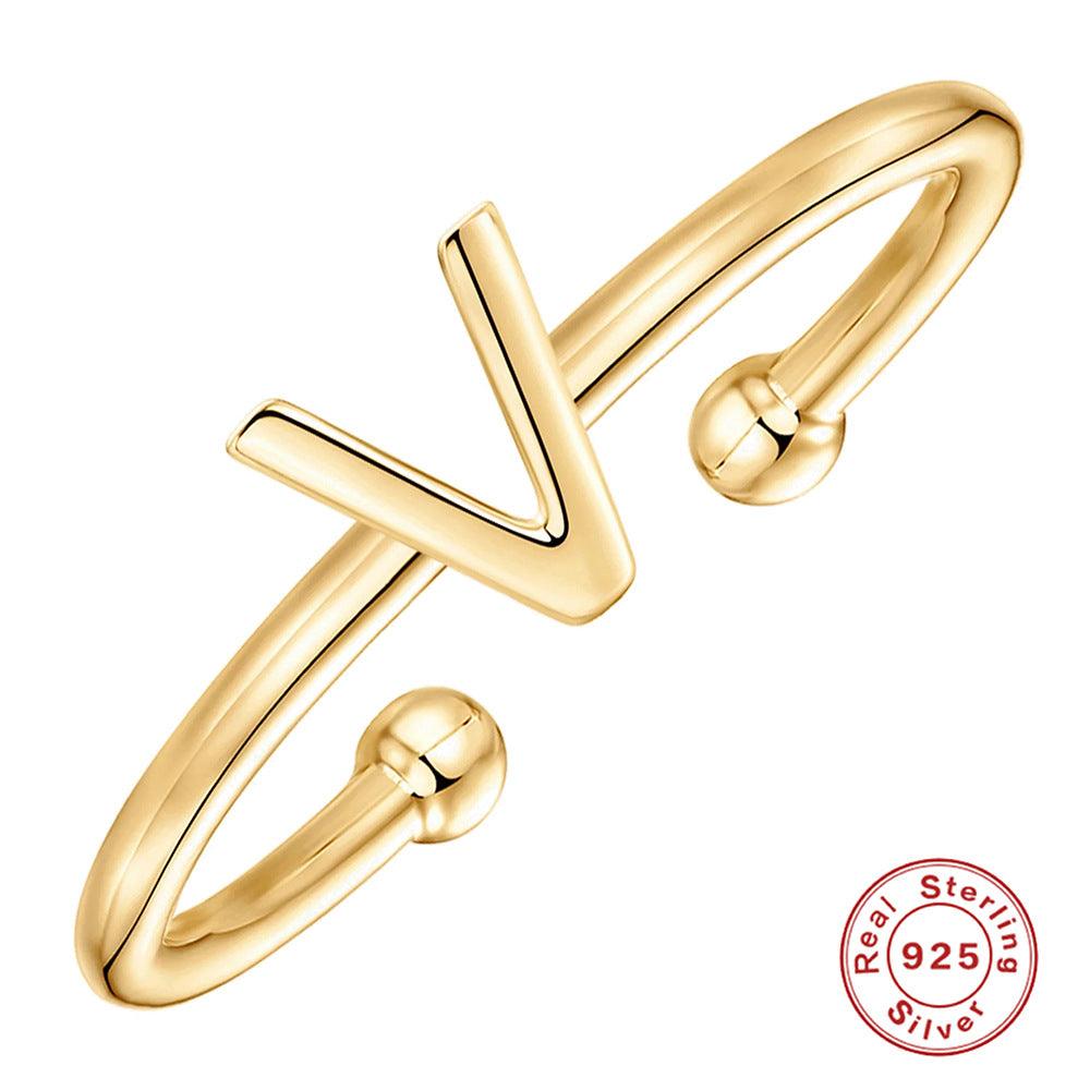 خاتم الحروف 26 حرفًا  لامعة من فضة الإسترليني مطلي ذهبRingsمجوهرات ميون
