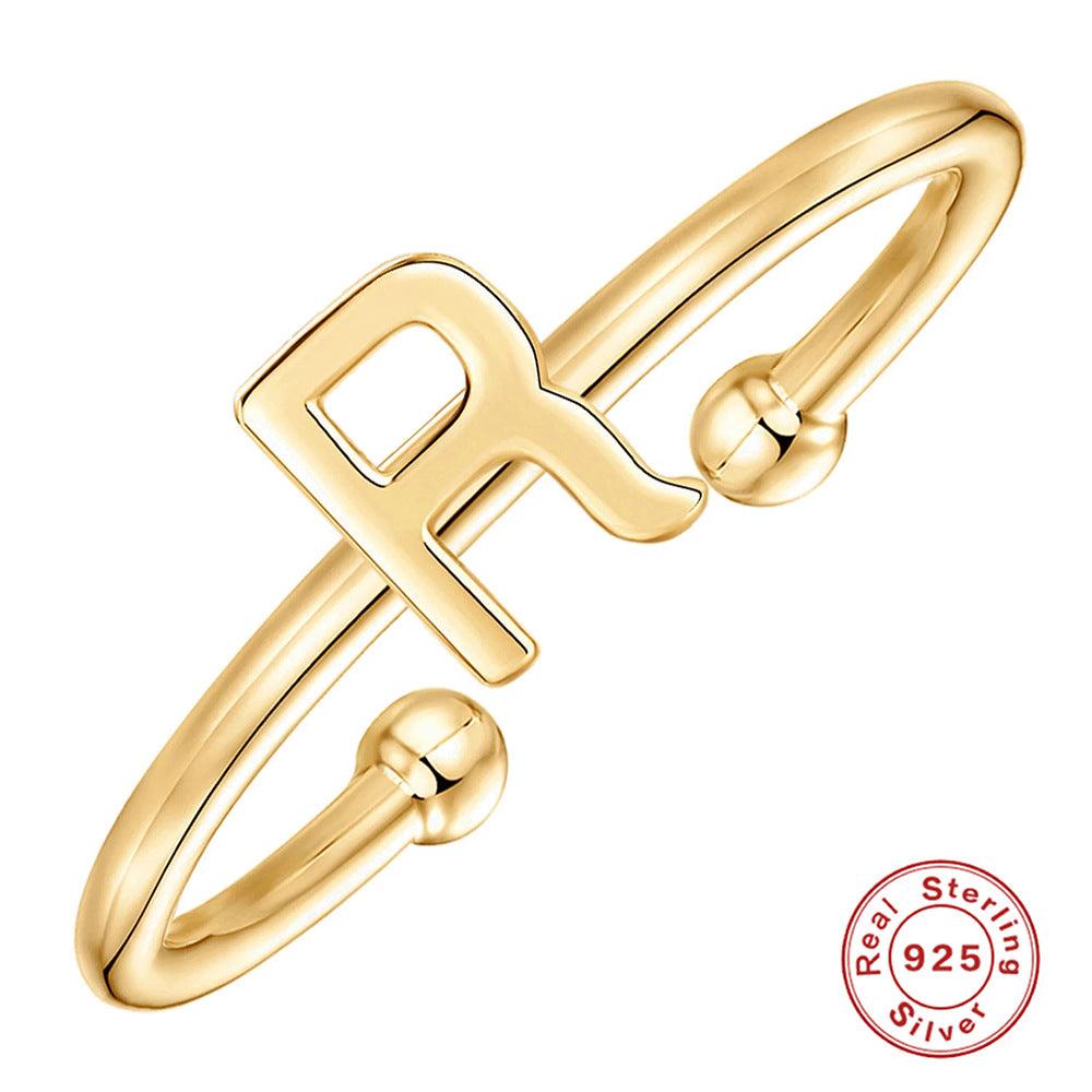 خاتم الحروف 26 حرفًا  لامعة من فضة الإسترليني مطلي ذهبRingsمجوهرات ميون