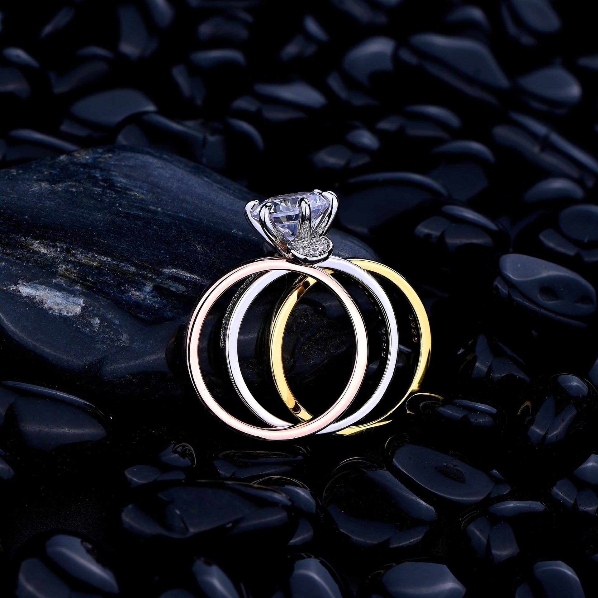 خاتم فضة الماسي بشكل أنيق 1x3Ringsمجوهرات ميون