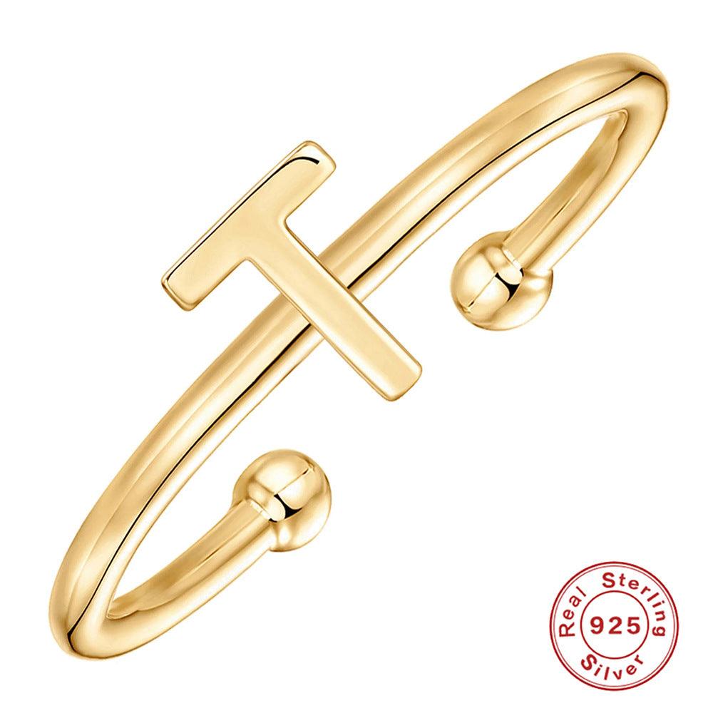 خاتم الحروف 26 حرفًا  لامعة من فضة الإسترليني مطلي ذهبRingsمجوهرات ميون