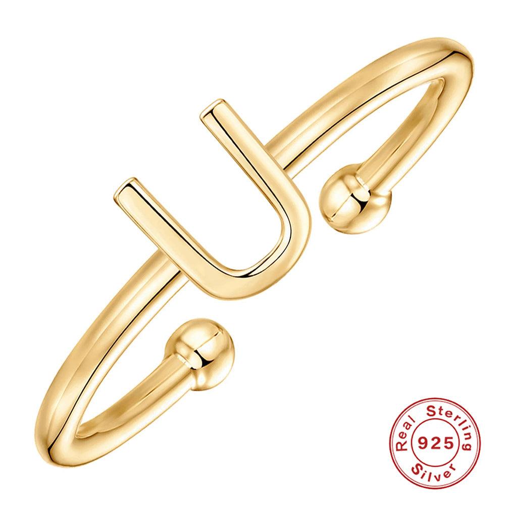 خاتم الحروف 26 حرفًا  لامعة من فضة الإسترليني مطلي ذهبRingsمجوهرات ميون