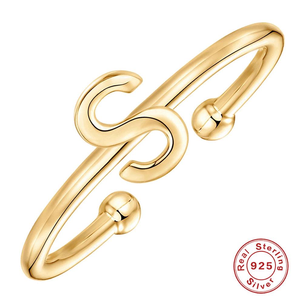خاتم الحروف 26 حرفًا  لامعة من فضة الإسترليني مطلي ذهبRingsمجوهرات ميون