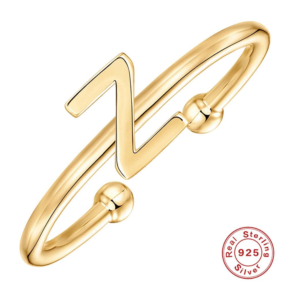 خاتم الحروف 26 حرفًا  لامعة من فضة الإسترليني مطلي ذهبRingsمجوهرات ميون