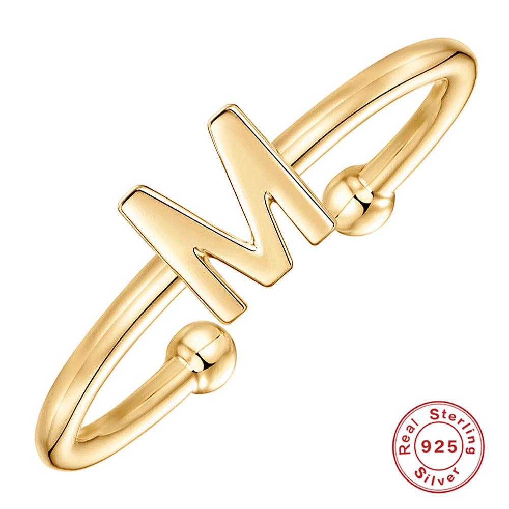 خاتم الحروف 26 حرفًا  لامعة من فضة الإسترليني مطلي ذهبRingsمجوهرات ميون