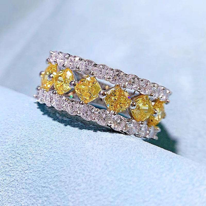 خاتم نسائي على الطراز الأوروبي من الفضة عالية الكربون 4 * 4 صف مربعRingsمجوهرات ميون