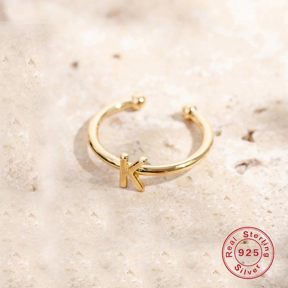 خاتم الحروف 26 حرفًا  لامعة من فضة الإسترليني مطلي ذهبRingsمجوهرات ميون