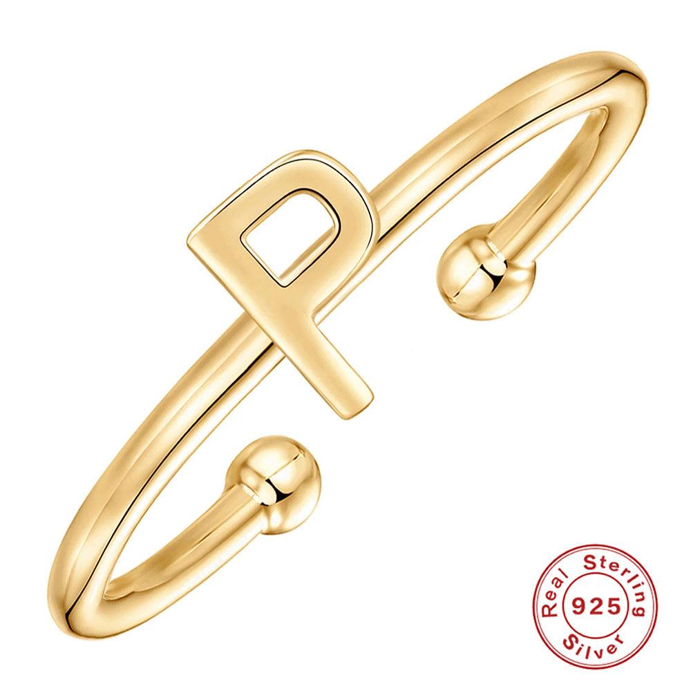 خاتم الحروف 26 حرفًا  لامعة من فضة الإسترليني مطلي ذهبRingsمجوهرات ميون