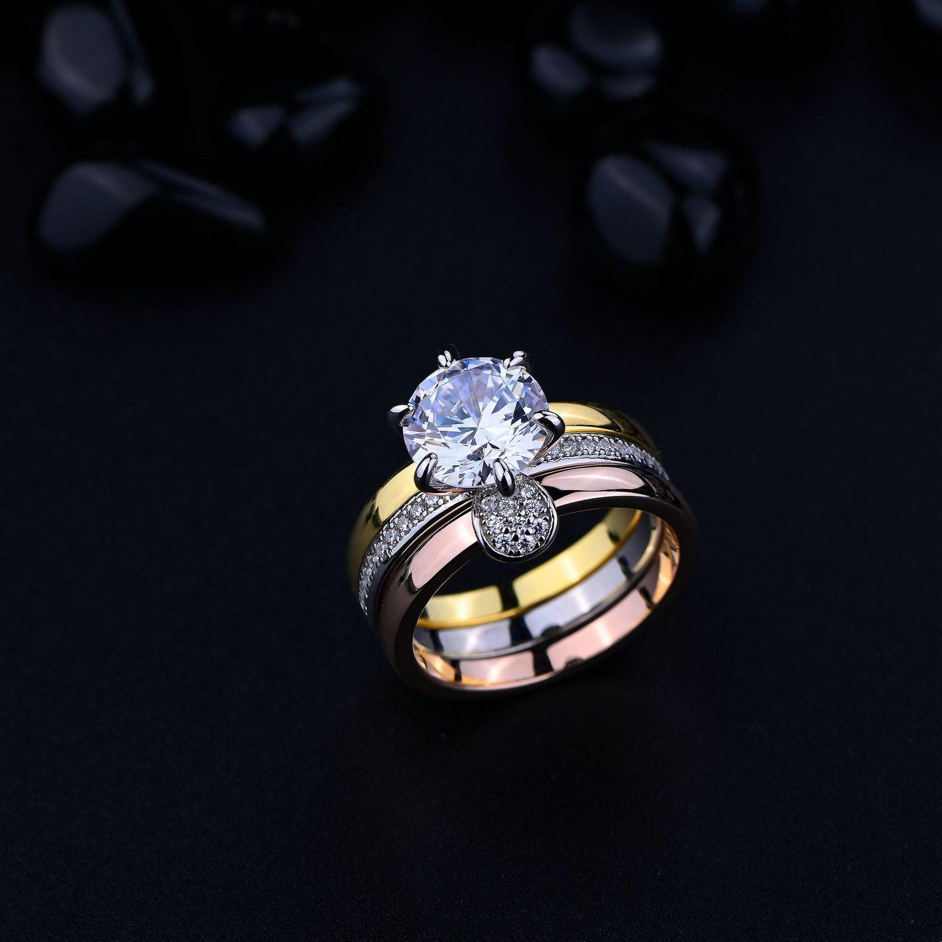 خاتم فضة الماسي بشكل أنيق 1x3Ringsمجوهرات ميون