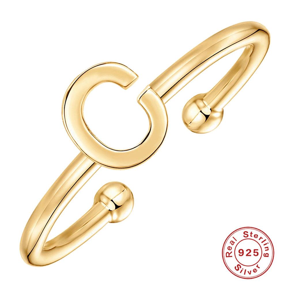 خاتم الحروف 26 حرفًا  لامعة من فضة الإسترليني مطلي ذهبRingsمجوهرات ميون