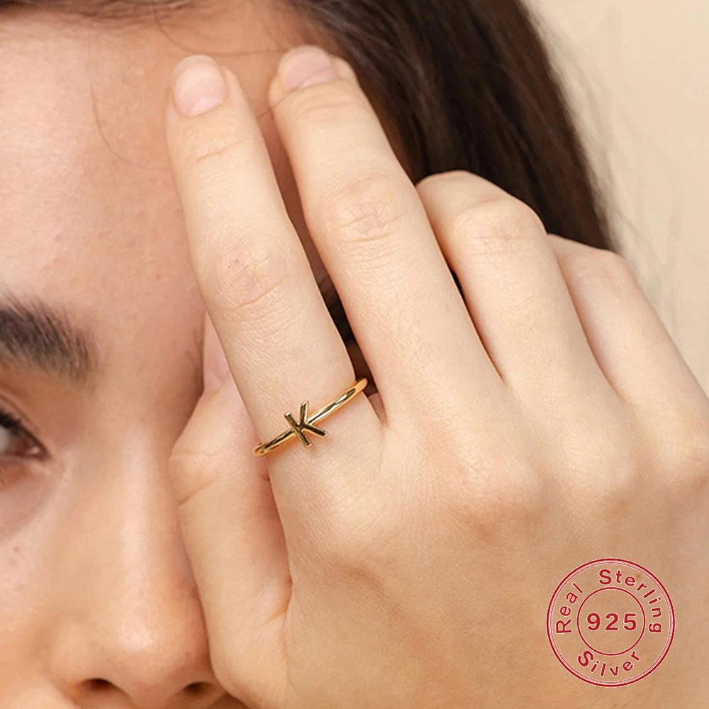 خاتم الحروف 26 حرفًا  لامعة من فضة الإسترليني مطلي ذهبRingsمجوهرات ميون