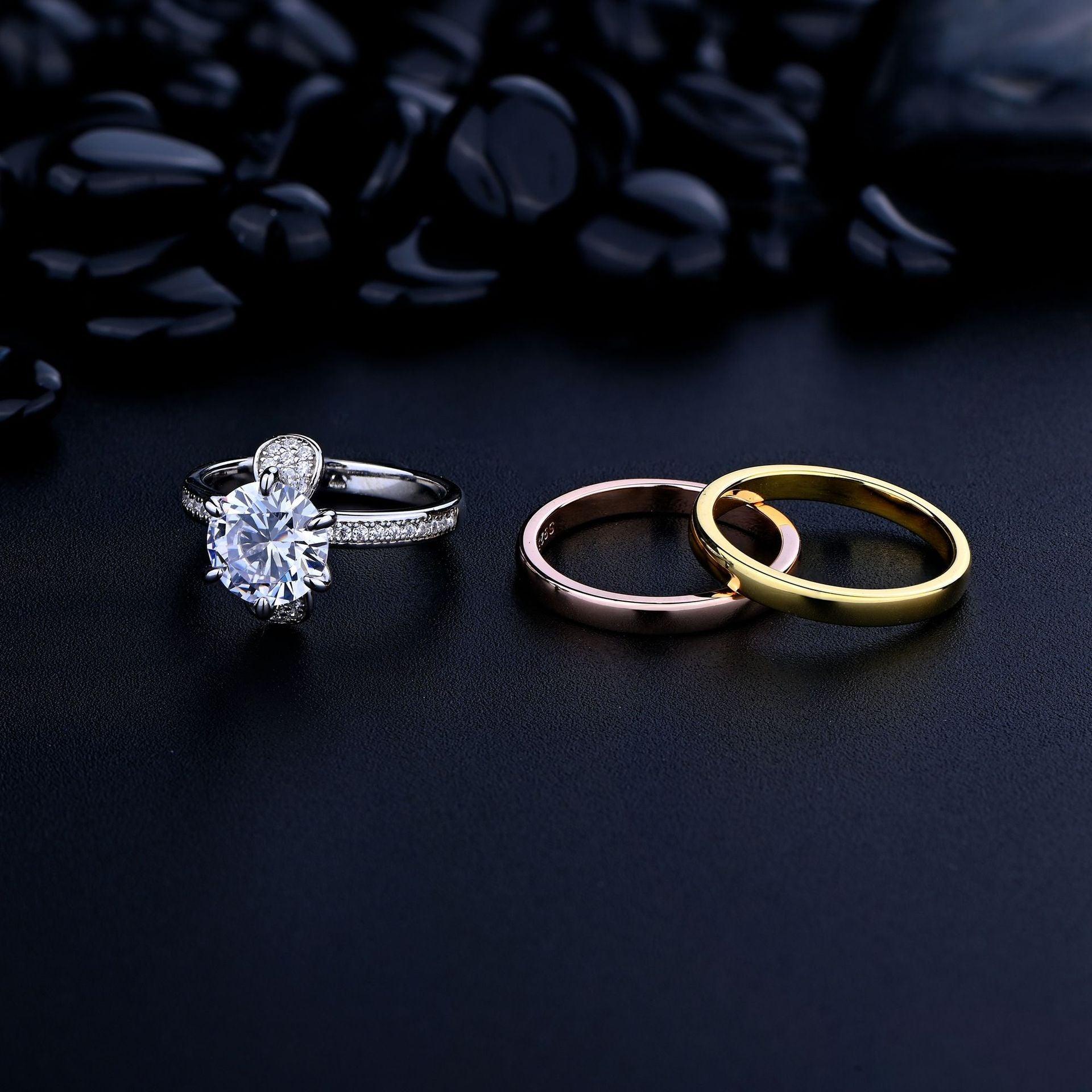 خاتم فضة الماسي بشكل أنيق 1x3Ringsمجوهرات ميون